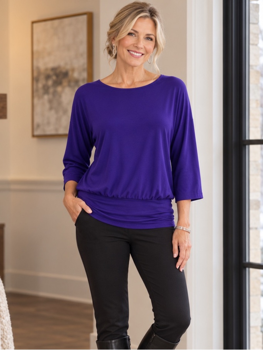 Chico’s Size 0 Purple Banded Hem 3/4 Sleeve Top